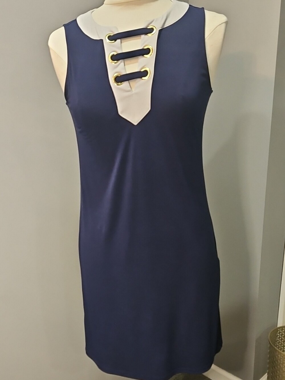 Michael Kors Navy Dress with White Trim and Gold Logo Plaque
